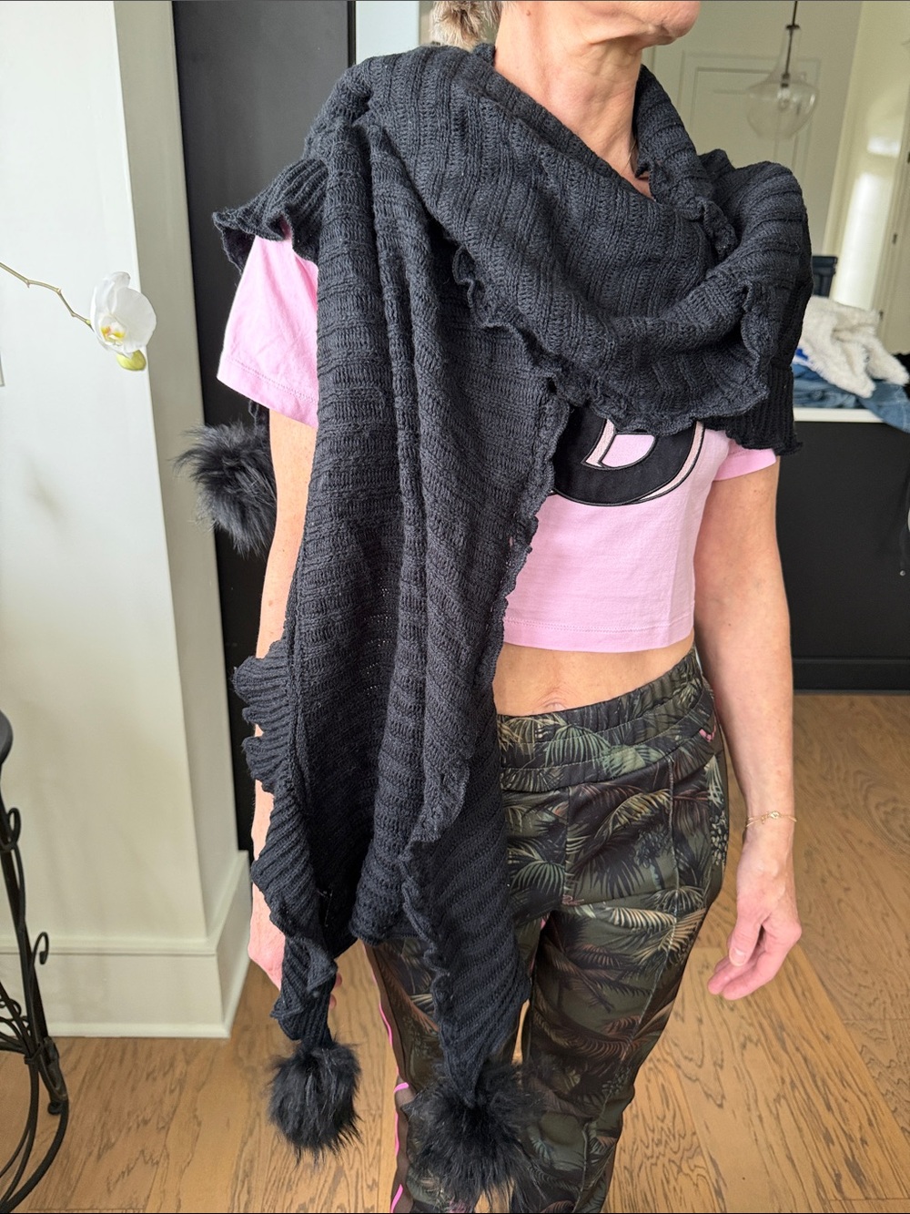 Black Pom-Pom Knit Scarf - Women's Accessory